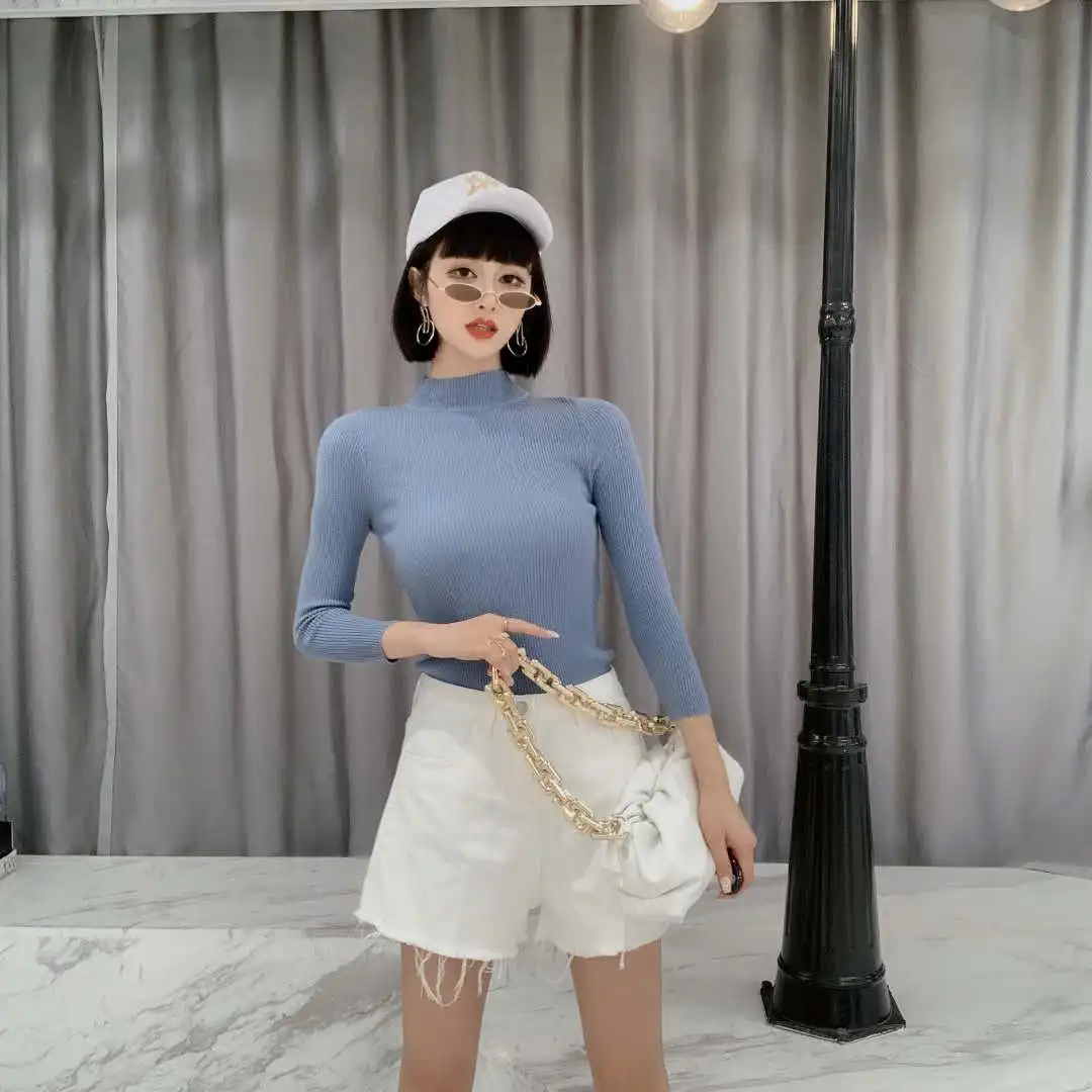 

2020 New Autumn winter Women Knitted Sweaters Pullovers Turtleneck Long Sleeve Solid Color Slim Elastic Short Sweater Women