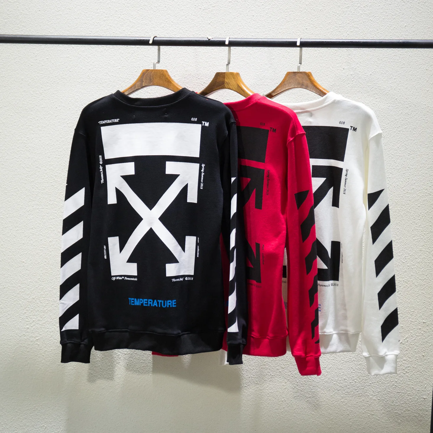 18SS off white Mona Lisa теплопередача стрелка Весна Осень Мужчины Женщины Круглый вырез с длинным рукавом Уличная Толстовка