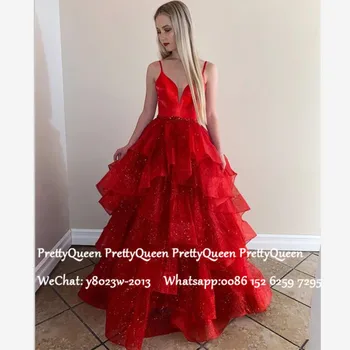 

Bling Sequined Tulle Prom Dresses Long Tiered A Line 2020 Spaghetti Strap Red Long Evening Dress For Women Vestido De Festa