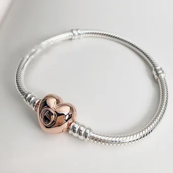 

100% 925 Sterling Silver Pan Bracelet Rose Gold Heart Button Classic Pan Bracelet Fit European Charm Bracelets Women Jewelry
