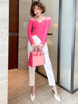 

Contrast Color Stitching V-neck Knitted Cardigan + Simple Solid Color Casual Harem Pants Suit, Female 2020 Early Autumn New