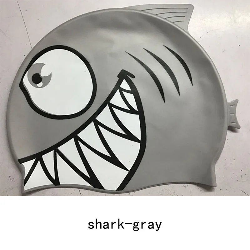 Swimming Cap Silicon Kids Children Boys Girls Baby Diving Swim Cap Hat Ear Protector Printing Silicone Waterproof Caps cute - Цвет: shark gray