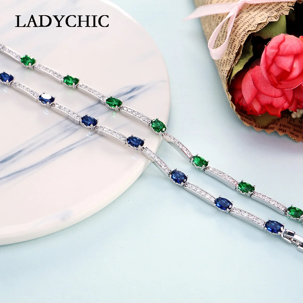 LADYCHIC Luxury Blue Green Oval Zircon Silver Color Bracelets Charming Crystal Bride Wedding Jewelry Women Fashion Bangle LB1001