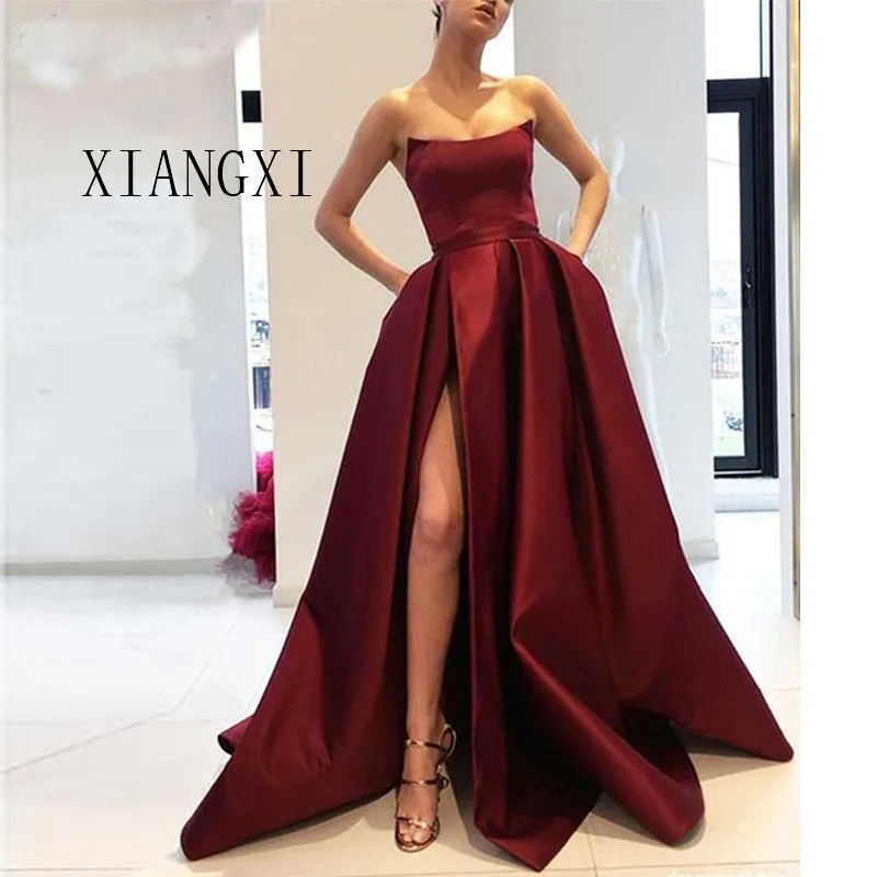 A Line Strapless High Slit Satin 
