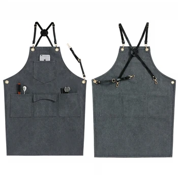 

2020 Canvas Kitchen Apron for Women Men Senior BBQ Bib Leather Chefer Barber Clean cooking Restaurant Waitress Print Logo Gift