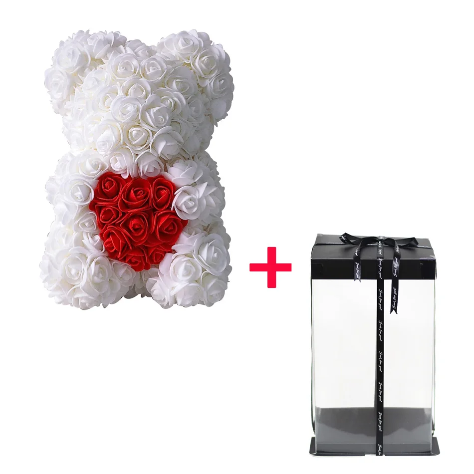 DIY 25 см Мишка Тедди роза с коробкой Искусственные из ПЭ цветок медведь Роза День святого Валентина для девушки женщины жена мать день подарок - Цвет: white   25CM