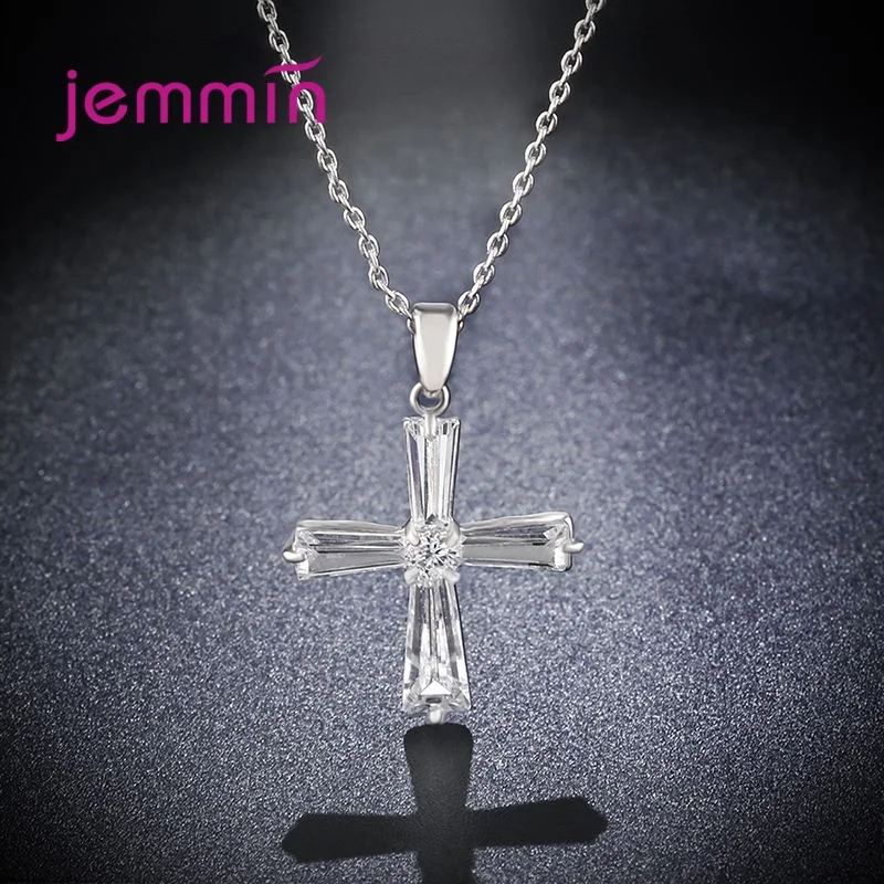 Popular 925 Sterling Silver Necklace Simple Clear Cubic Zircon Inlay Paved Cross Pendant/Chain Religious Style Hip Hop Jewelry | Украшения
