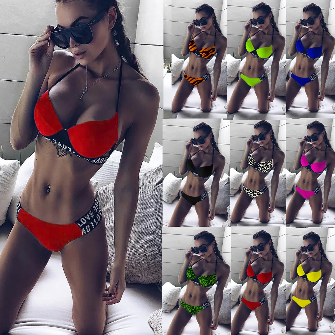 

Steel Prop with a Chest Pad Letter Bikini Two-Piece Swimsuit Swimwear Women Sexy Bathing Suits