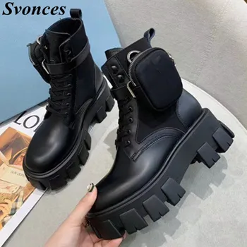 

2020 Trend Chunky Combat Fall Boots Genuine Leather Women Pocket Boot Lace Up Ladies Ankle Boots Platform Shoes Autumn Winter