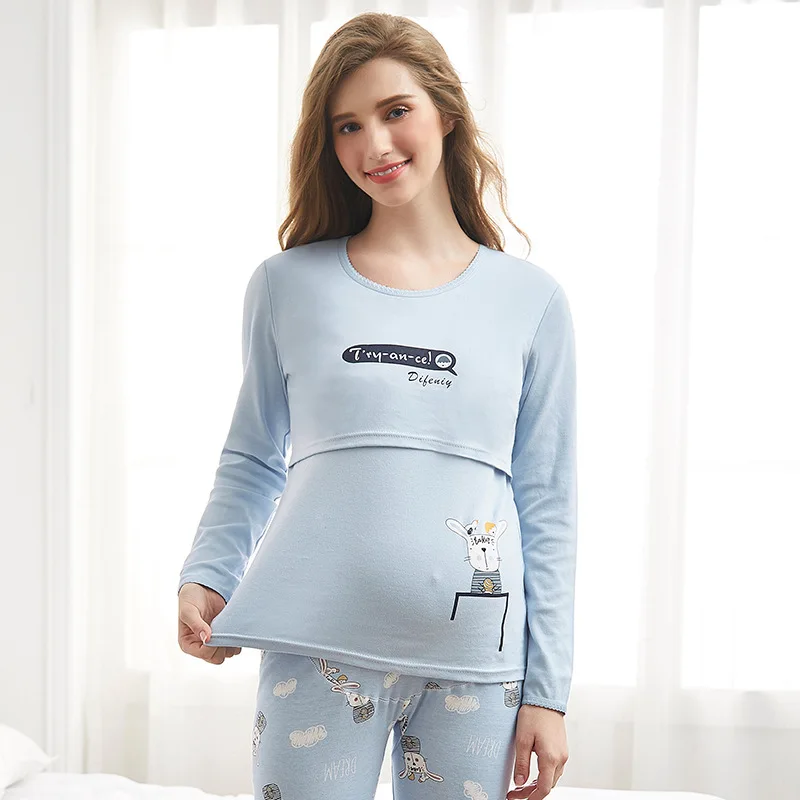 Пижама для кормящих подростков, ночная рубашка с длинным рукавом, ночная рубашка для беременных женщин, комплект одежды для грудного вскармливания, осенние пижамы для беременных - Цвет: T30301-8