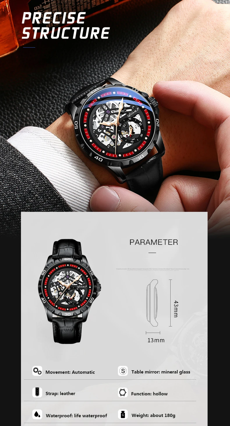 AILANG scheletro automatico meccanico da uomo di lusso impermeabile luminoso es cinturino in pelle da uomo cassa in acciaio nero_voghion.com