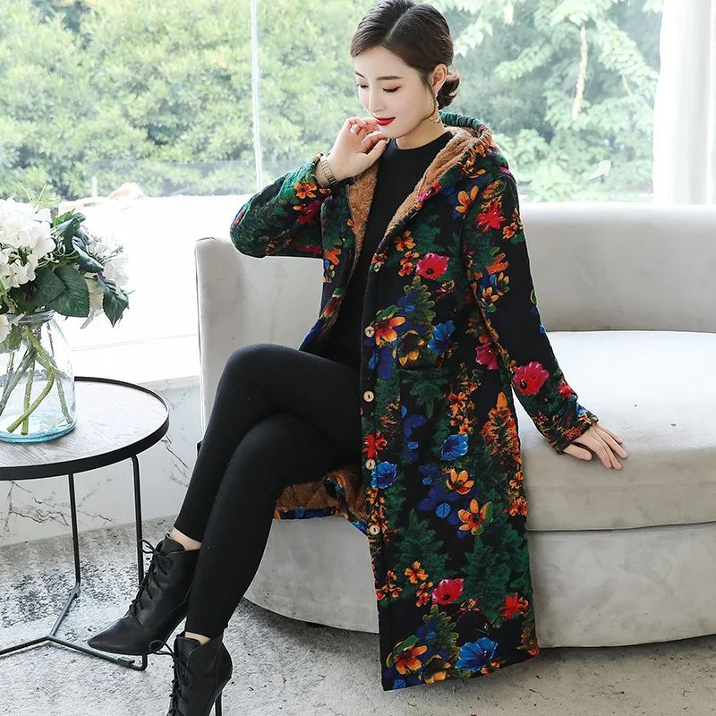 

Photo Shoot Winter New Style Ethnic-Style WOMEN'S Dress Retro Printing plus Velvet plus Cotton Warm Large Size Mid-length Hooded
