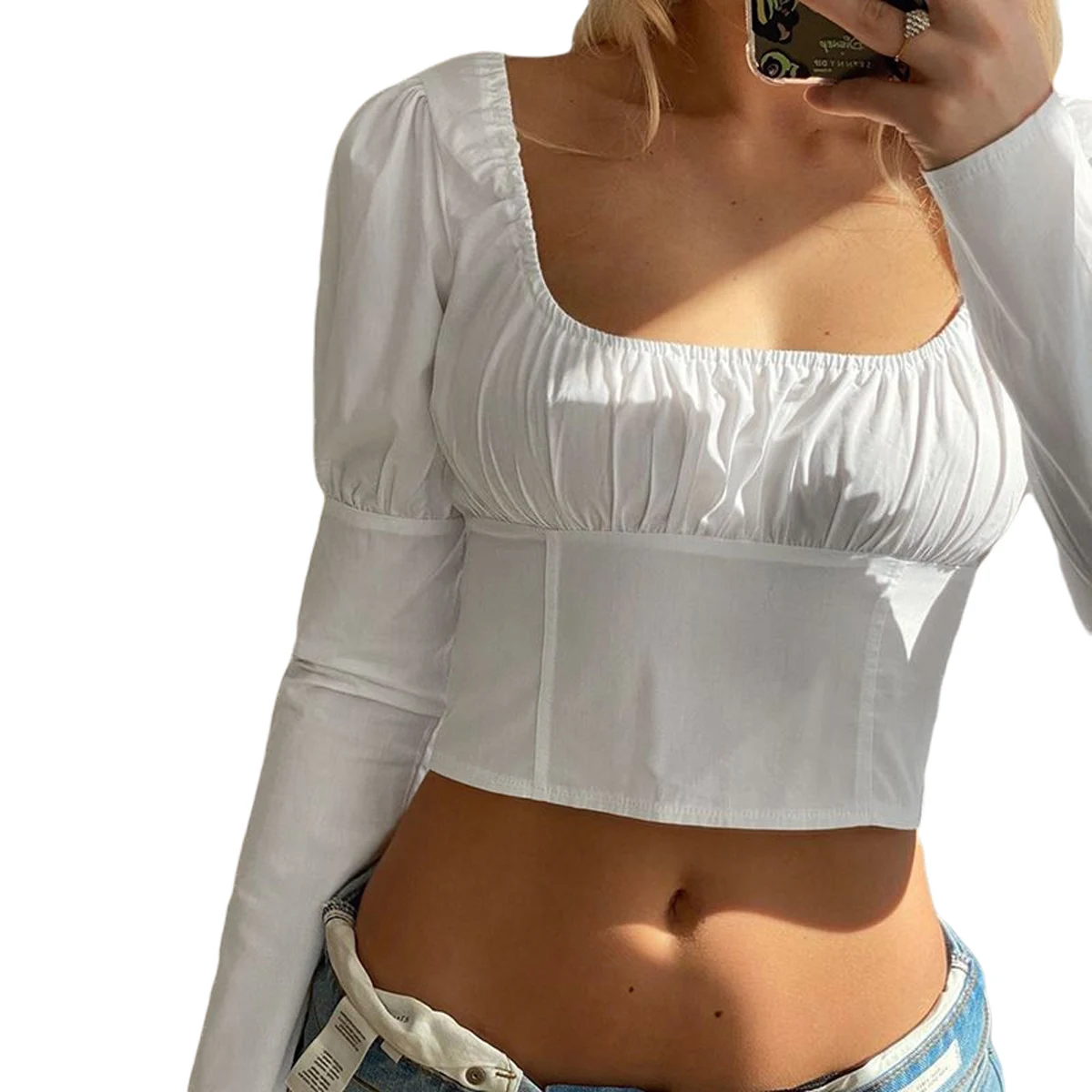 

2020 Womens Casual Long Sleeve T-shirt Fashion Solid Color Pleated Square Collar Exposed Navel Pullovers Female Casual Crop Top