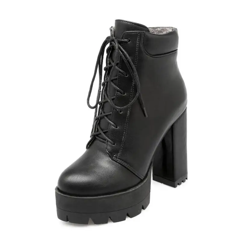 ZALAVOR Size33-43, женские полусапожки ботинки на платформе на высоком каблуке с перекрестными ремешками теплая обувь женские ботинки средней длины до голени, женская обувь - Цвет: Черный