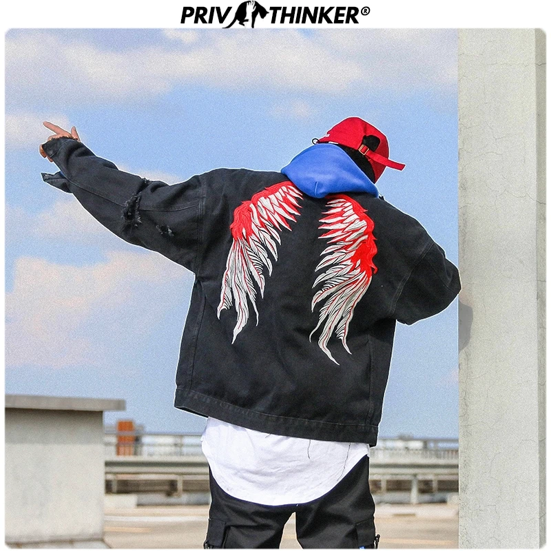 Privathinker, крылья, джинсовая куртка, Мужская, зима, Ретро стиль, черные, джинсовые куртки, мужские, корейский стиль, осень, вышивка, утолщенные куртки, пальто