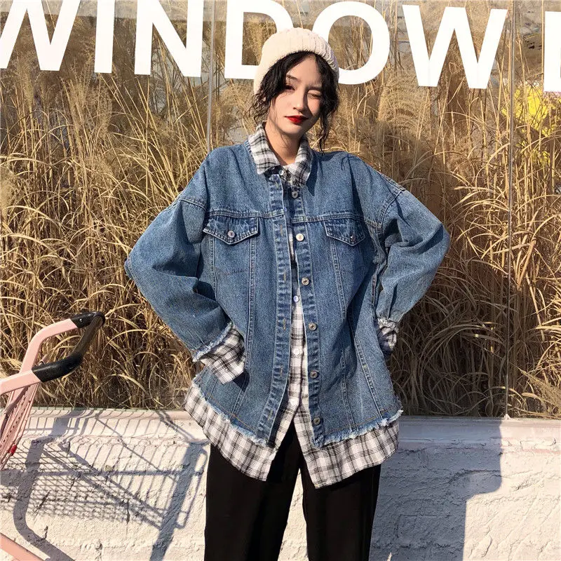 

Women Jean Senim Jacket women Long Sleeve Pockets Lattice Denim Jackets Women Loose Outwear Female