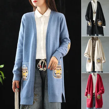 

Women Long Sleeve Knit Cardigan Embroidered Sweater Open Front Cardigan Outwear FDC99
