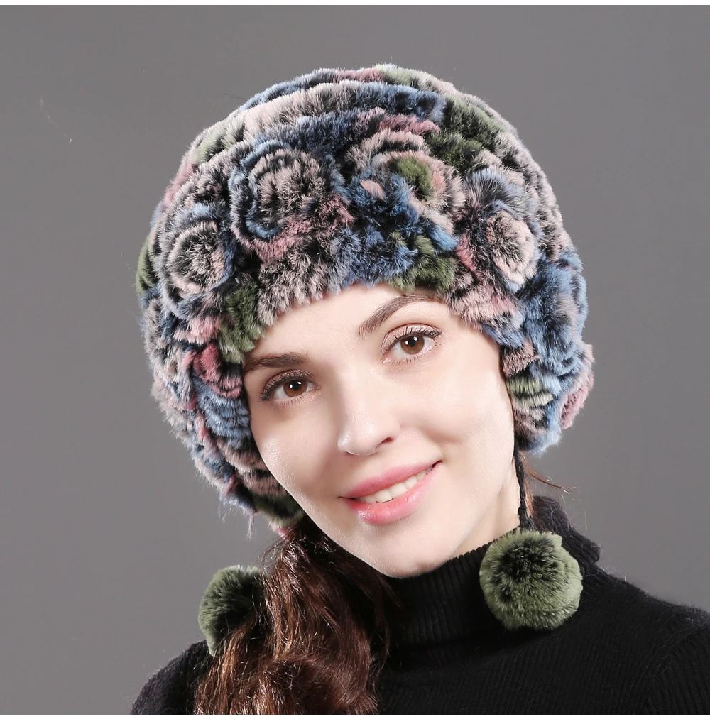 Новые зимние женские натуральные шапки из меха кролика рекс ручной вязки Настоящий мех кролика шапки Настоящий мех кролика Skullies Beanies Hat