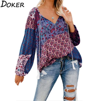 

2020 New Plus Size Blouse Women V-neck Long Sleeve Shirt Casual Loose Floral Print Tops Ladies Blouses