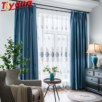 

Blue Velvet Blackout Curtain Cloth European Geometric Embroidery Tulle Curtains for Living Room Hotel Customized X-HM047#40