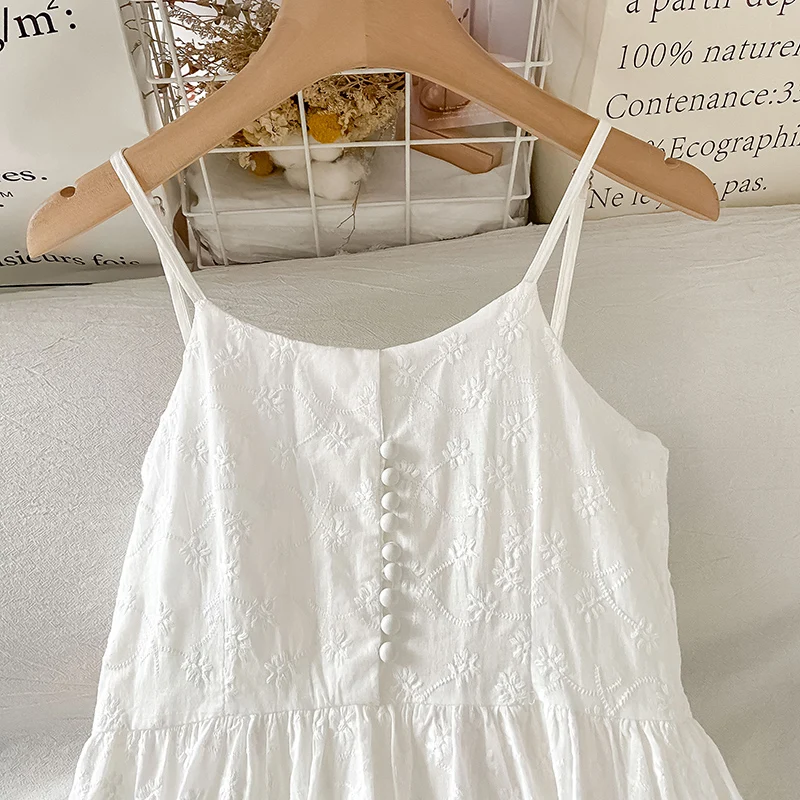 Simple White Women's Dress Spring Summer Adjustable Spaghetti Strap Mid-Length Dresses Japan Style Female Sleeveless Dress