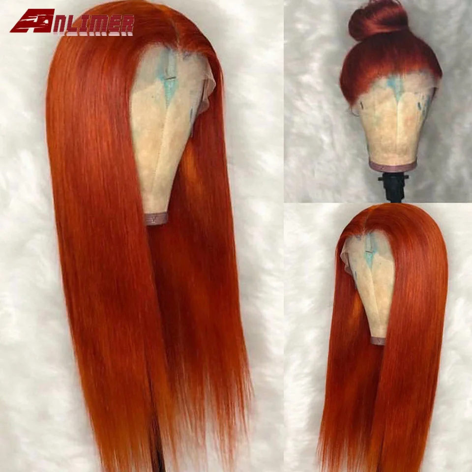

13x6 Orange Brown Color Lace Front Human Hair Wigs 150 Density Brazilian Straight Pre-Plucked Bleached Knots Baby Hair