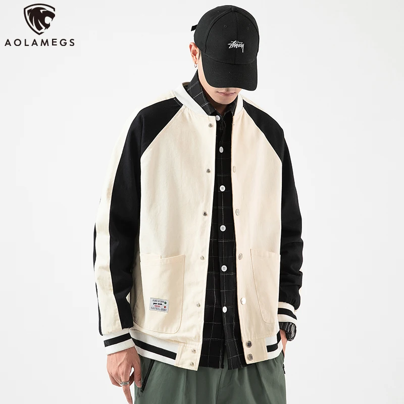

Aolamegs Men's Jacket Japanese Patchwork Color Outwear Autumn Big Pocket Windbreaker Punk Cool Sports Suits Baseball Coat M-5XL