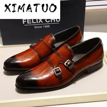 

2020 Men Loafers Patent Leather Smooth Brown Black Monk Strap Dress Shoes Slip-On Mens Party Wedding Formal Shoes