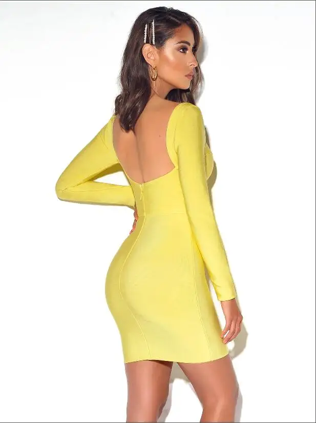 Новейшее зимнее модное сексуальное желтое женское Бандажное платье с длинным рукавом дизайнерское модное вечернее платье Vestido