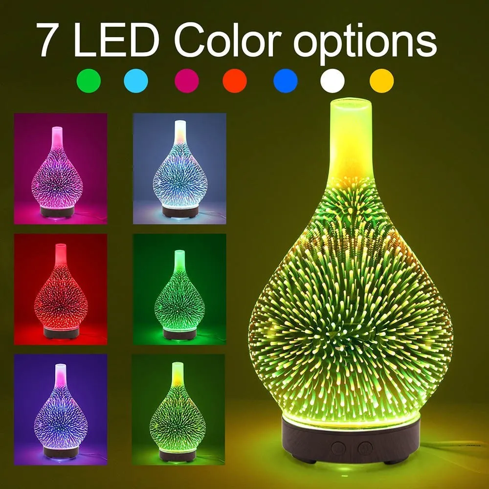 

KBAYBO 100ml 3D Glass Ultrasound Aroma Essential Oil Diffuser Ultrasound Humidifier 7 Color-changing LEDs for Home Hotel Yoga