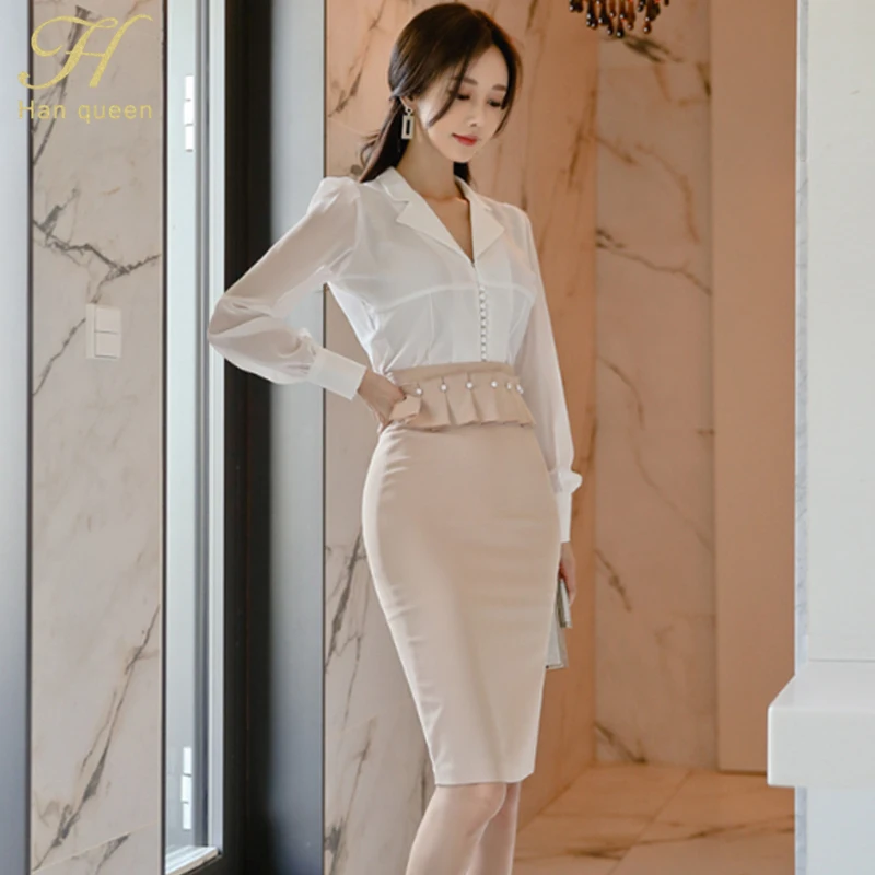 H Han queen/Женская офисная одежда OL, комплект из 2 предметов, белая рубашка в Корейском стиле и узкое облегающее платье с высокой талией, юбки, рабочие костюмы