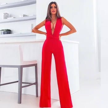 

2019 Newest Celebrity Evening Party Jumpsuit Women Red Sleeveless Deep V-Neck Sexy Nightclub Runway Full Length Women Jumpsuit
