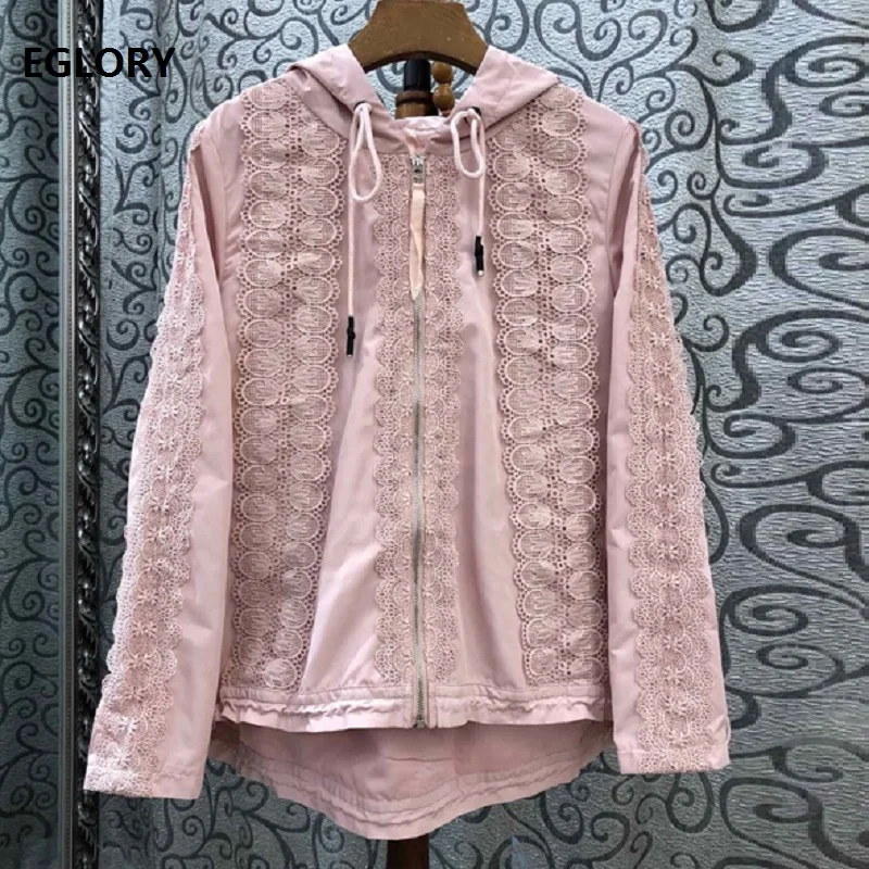 

High Quality Jacket 2019 Autumn Casual Tops Coat Women Appliques Lace Patchwork Long Sleeve Zipper Jacket Pink Dark Blue Black