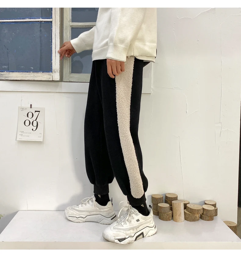 Men's Thickening Lamb Leisure Haren Pants Cotton Casual Pants Black Color Trousers Active Elastic Hip Hop Joggers Sweatpants