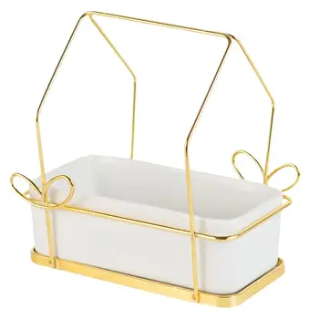 

Rectangular Ceramic Flowerpot Durable Flower Pot Simple Planter Ceramic Basin With Iron Rack for Succulent Plants Garden Home