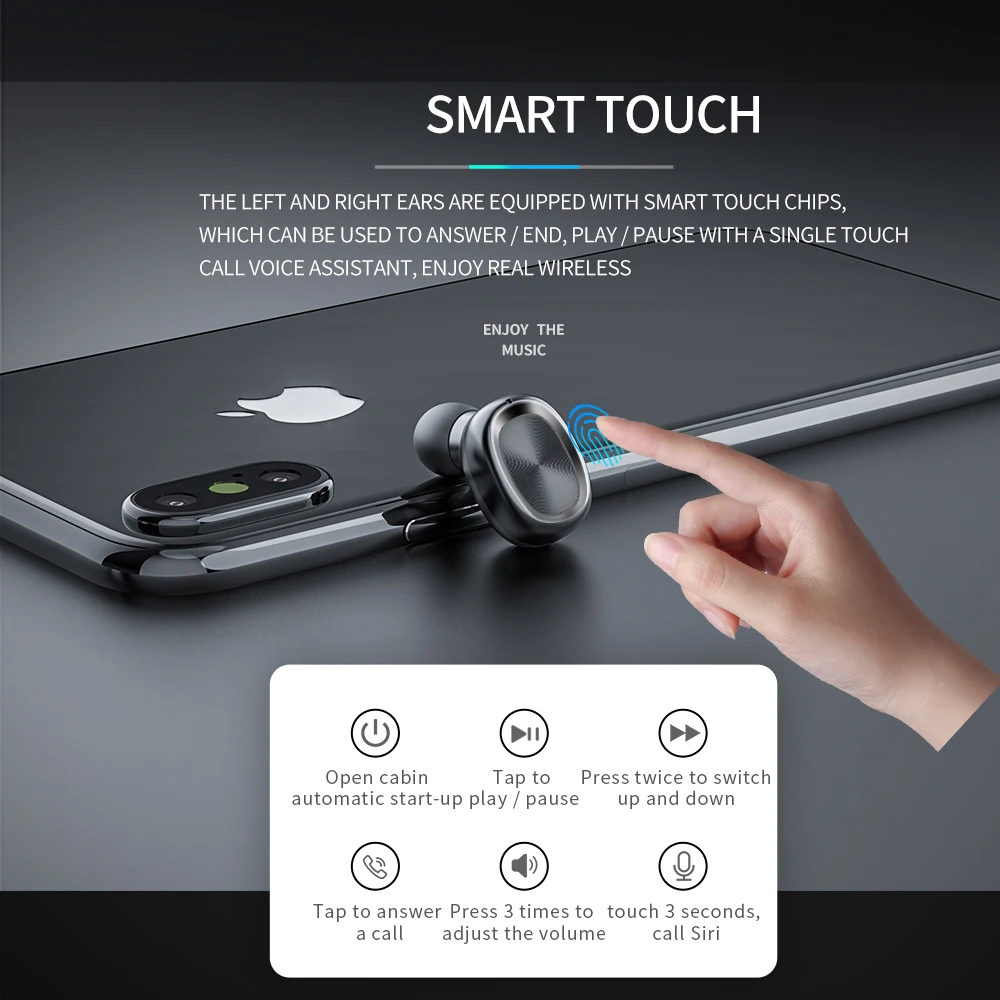 Bluetooth Earphones Wireless Two Ears Sports Running Mini Music Headphones HiFi IPX7 Waterproof earbuds Touch Control Headset