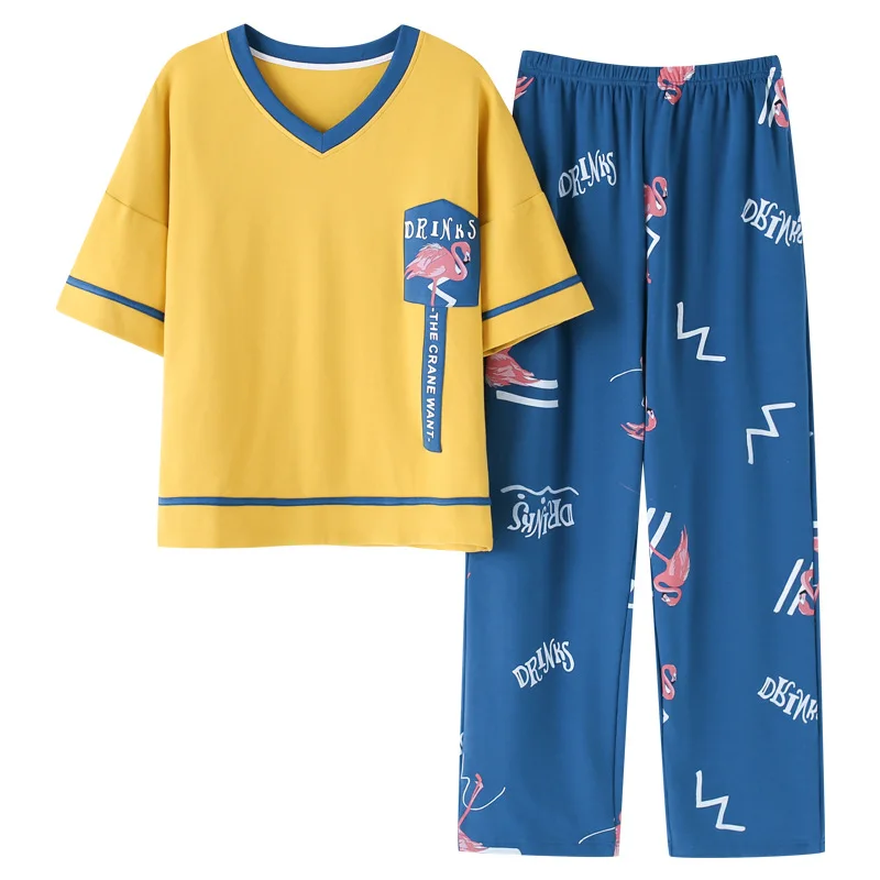 

2020 Fashion Cute Girl Women Pajamas Sets Summer Bird Homewear V Neck Cotton Casual Short Sleeves Long Pants 2 Pieces Suit