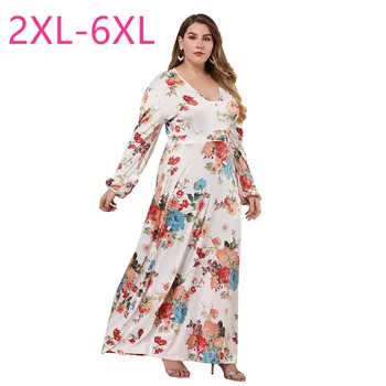 

New spring autumn plus size ankle length dress for women long sleeve loose white floral flower print long dress 3XL 4XL 5XL 6XL