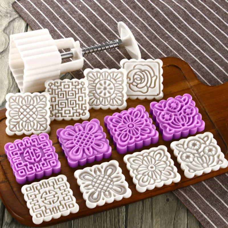 1 Set Square Flowers Stamps Moon Cake Mold Pastry Mooncake Kitchen Baking Tools