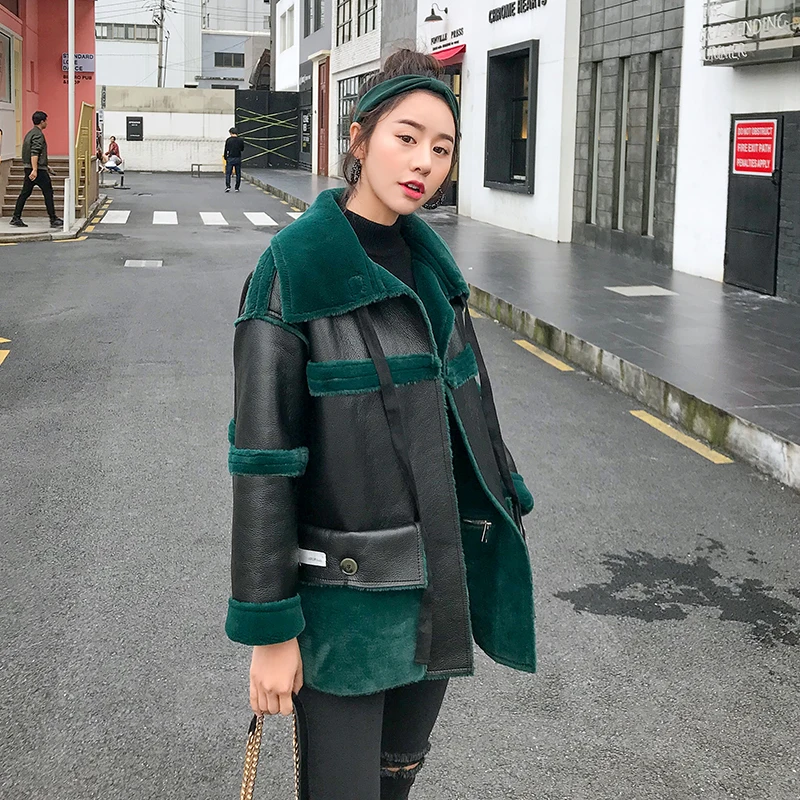 

PU Leather Jacket Coat Women 2019 Winter New Lambswool Splice Overcoat Female Short Bomber Leather Jacket Ladies PU Leather Coat