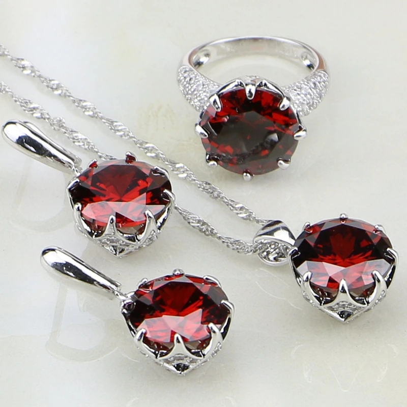 Bridal Crystal Jewelry Sets Dark Red Cubic Zirconia White Zircon Sterling Silver 925 Bridal Wedding Jewelry Sets Earrings/Pendant/Necklace/Ring For Women