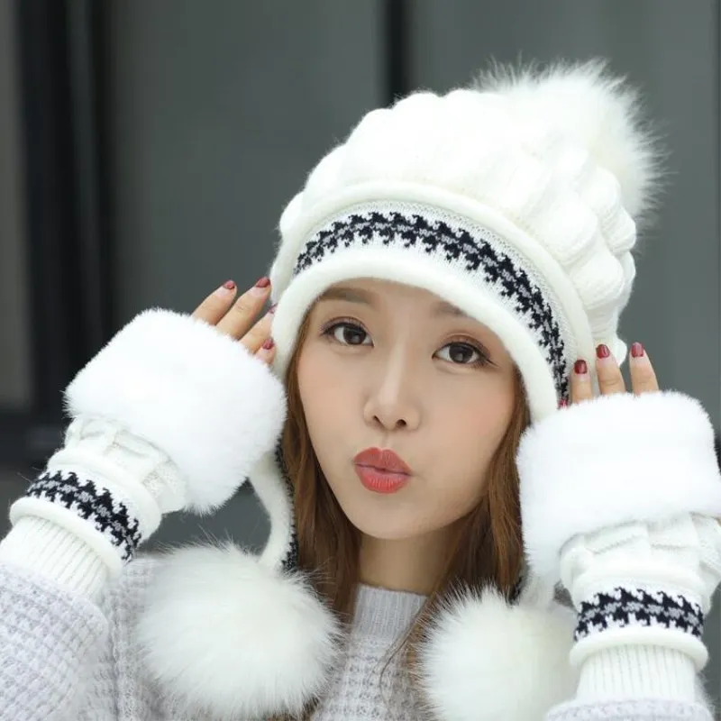 Women Outdoor Cold-proof Thicken Knitted Cap Pom Pom Ball Hats Faux Fur Beanies  Hat Winter Warm WHITE 