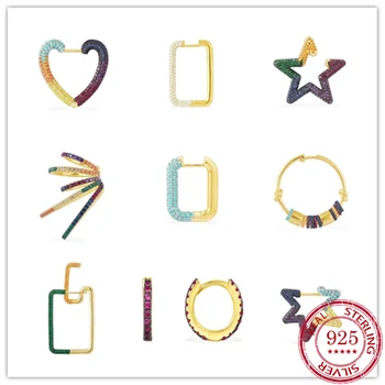 

1:1 Copy 925 Sterling Silver Earrings Rectangle Earring Multi Color Mono Hoop Earrings Rainbow Star Sliding Ear Jacket with Logo