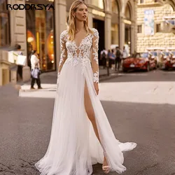 RODDRSYA Boho Wedding Dresses Sexy Side Slit Lace Applique Vintage V-Neck Bride Gowns Long Sleeve Tulle A-line Sweep Train