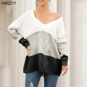 

SWQZVT V-neck Strapless Twist Color-block Pullover Sweater Women Winter New Warm Long Sleeve White Black Womens Sweater