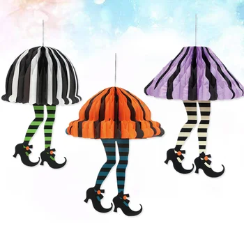 

6pcs Halloween Ornaments Colorful Paper Handing Lanterns Striped Fringed Skirt High Heels Ball Lantern for Hotel Family Hallowee