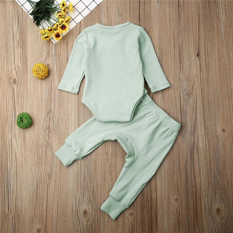 Коллекция года, весенне-осенняя одежда для малышей хлопковая одежда для маленьких мальчиков и девочек боди с длинными рукавами на пуговицах+ штаны однотонная одежда для детей от 0 до 18 месяцев