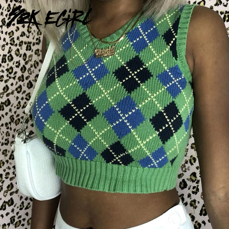 

Y2K EGIRL Argyle Plaid V-neck Knitted Sweater Vest Vintage 90s Streetwear Sleeveless Cropped Pullovers Preppy Style Knitwear New