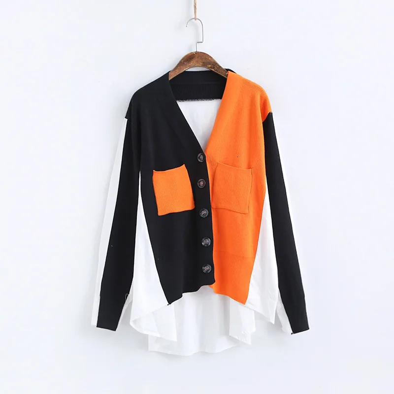 

[EWQ] 2020 Autumn Winter High Quality V-collar Long Sleeve Hit Colors Knitting Single Breasted Casual Knitting Shirt Women AH823