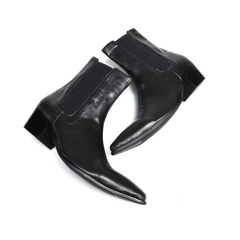 British Style Mens Chelsea Boots Leather Ankle Boots Pointed Toe Slip On Men High Fashion Elastic High Heel Work